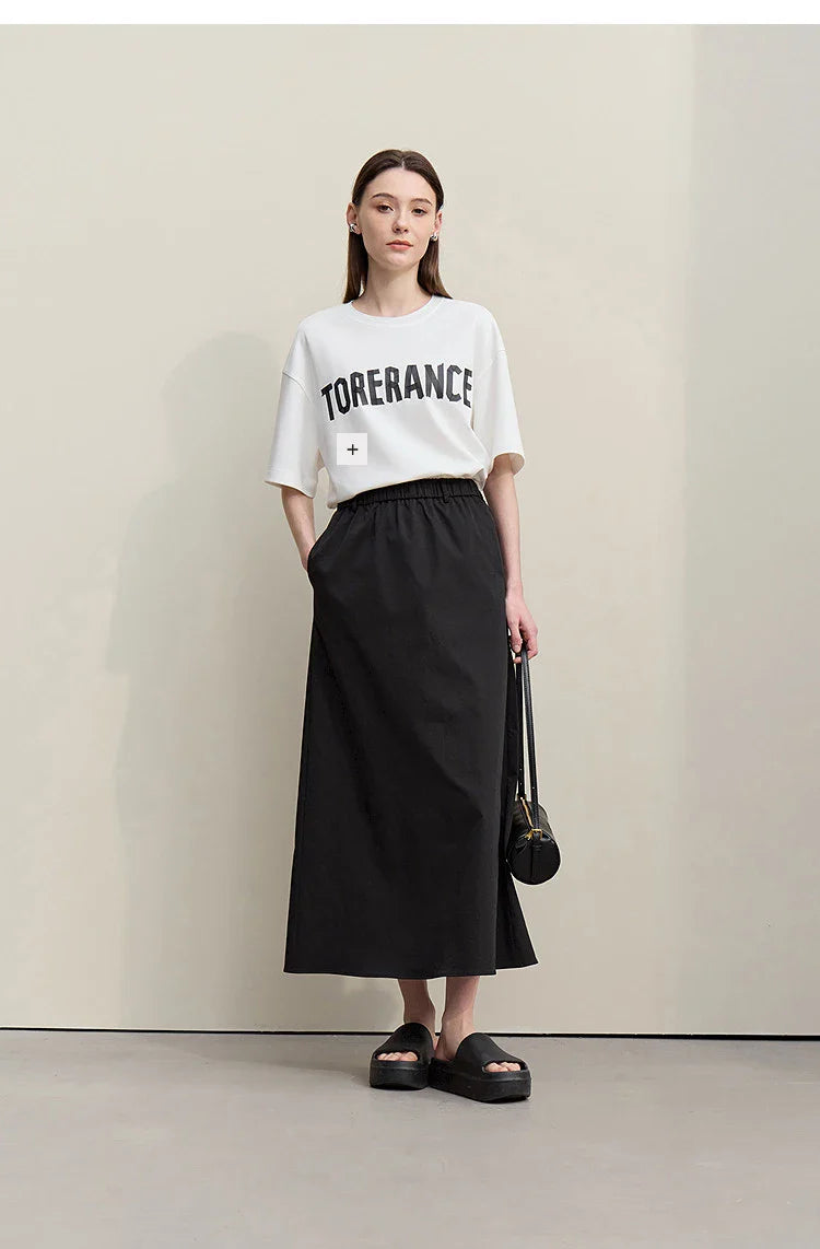 Women's Skirt 2026 Summer New Leisure Elastic Waist Slit A-Line Midi Skirt Women's Loose Embroidered Woman Clothes 12621058