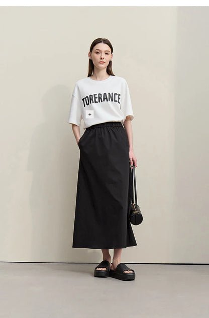Women's Skirt 2026 Summer New Leisure Elastic Waist Slit A-Line Midi Skirt Women's Loose Embroidered Woman Clothes 12621058