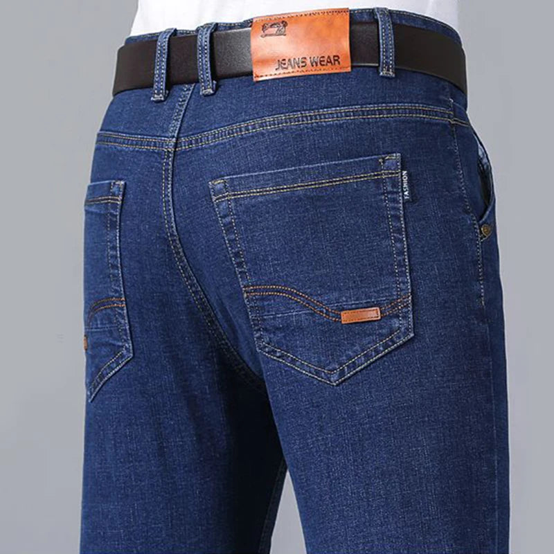 Autumn Spring Business Jeans Men Casual Comfortable Straight Denim Pant Stretch Fashion Classic Soft Premium Blue Black Trousers