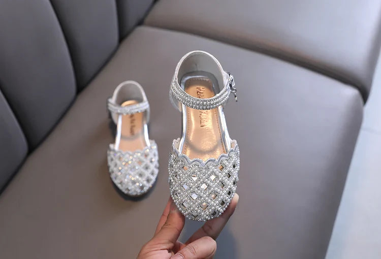 Summer Girl's Sandals Sliver Pink Diamante Luxury Hollow-out Kids Sliders Hook-loop Round Toe Glitter Stylish Children Shoe26-36