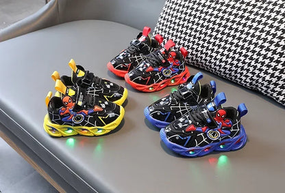 Disney Children's Sneakers Boys Cartoon Spiderman Led Light Sport Shoes Student Shoes Hook Anti-slip Kids Outdoor Shoes