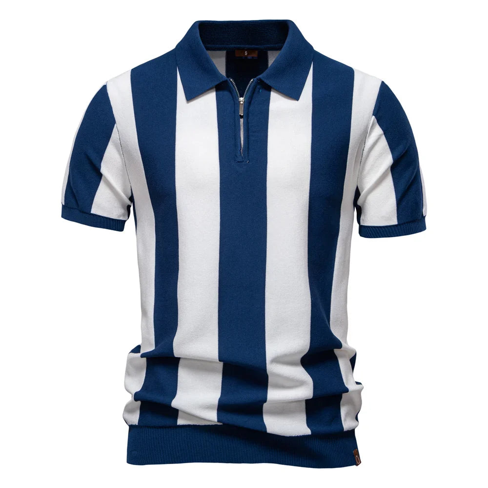 2025 New Summer Men's Breathable Striped Contrast Panel Polo Shirt - Casual Short Sleeve Knit Shirt with Comfort Fit