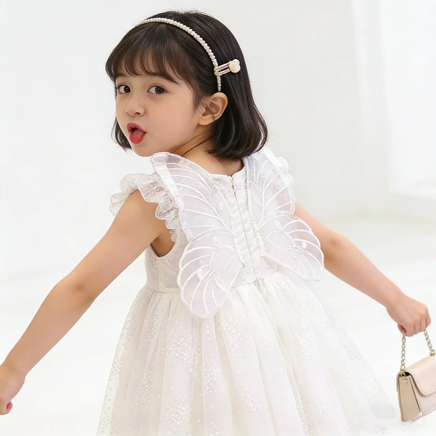 Girls Summer White Princess Dress Kids Tulle Tutu Skirt With Wings Cute Baby Girls Fluffy Party Dress For Birthday Holiday