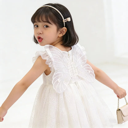 Girls Summer White Princess Dress Kids Tulle Tutu Skirt With Wings Cute Baby Girls Fluffy Party Dress For Birthday Holiday