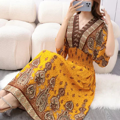 Flower V-neck Elastic Youthful Bohemian Sweet Midi Dress Woman Clothes Chic Fashion Summer Dresses 2025 Large Swing Ski