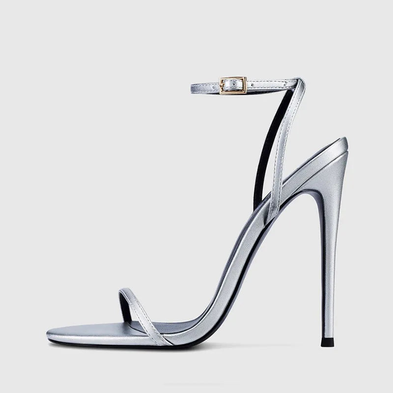 New Red High Heel Sandals with Women's Thin Heel, Metal Leather Strap, Black Sexy, Open toed Style, Foot Ring33-46