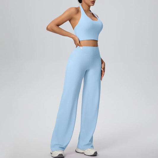 2PCS Woman Backless Hanging Neck Bra and Pants Yoga Set Summer Breathable Gym Sports Running Workout Top Hot Sales Yoga Set