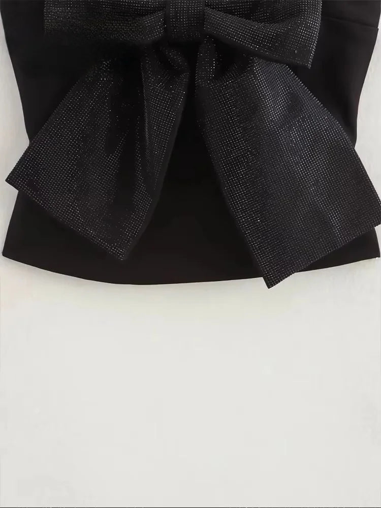 Sequined Bow Women Sling Top Sexy Backless Crop Top Pleated Zippers Female Tank Tops 2025 Spring Lady Streetwear Tops