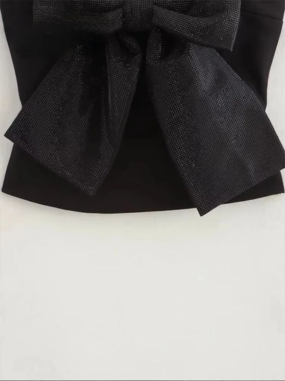 Sequined Bow Women Sling Top Sexy Backless Crop Top Pleated Zippers Female Tank Tops 2025 Spring Lady Streetwear Tops