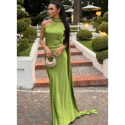 Elegant Women's Soft Silk Satin Long Dress Halter Backless Sleeveless Maxi Dresses Summer Lady Long Ribbon Party Gowns