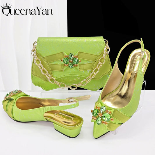 Italian Fashion Sandals and Bag Matching Set 2025 Women Party Perfect Matching for Lemon Green Color Wedding Shoes