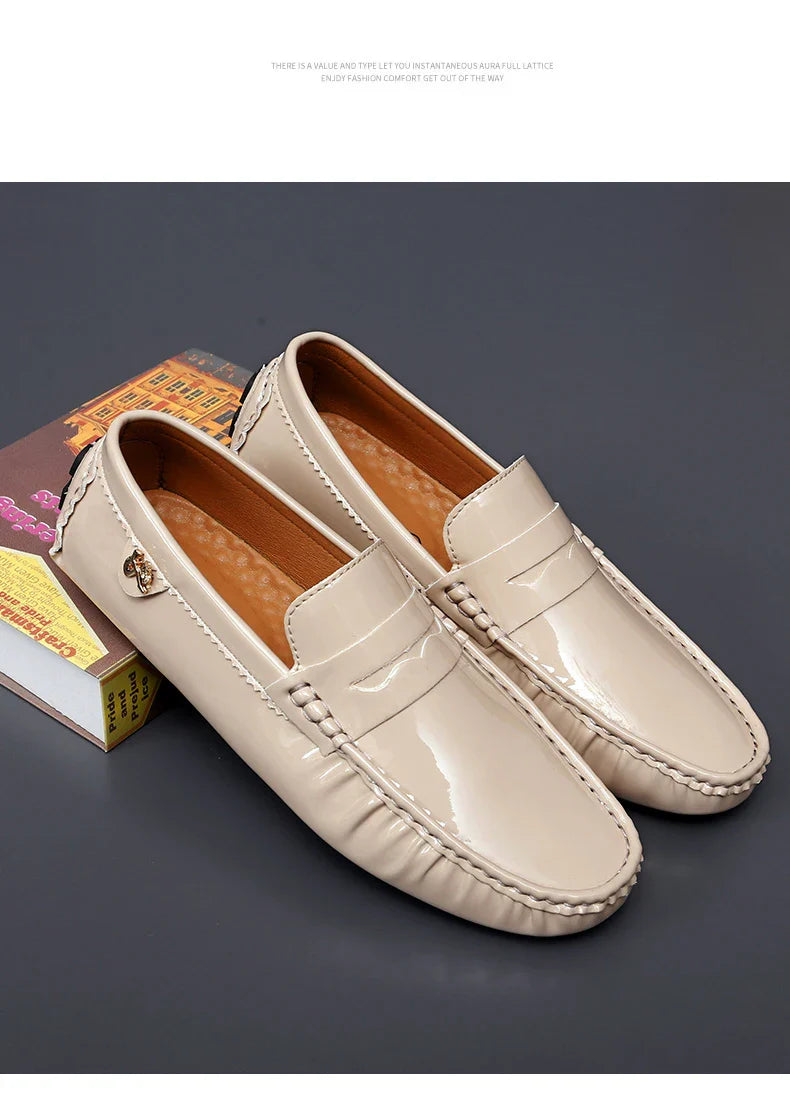 Patent Leather Beanie Shoes Men's New Spring and Summer Large Size Patent Leather Casual British Leather Shoes Women's Slip-On Lazy Casual Shoes Handmade Shoes