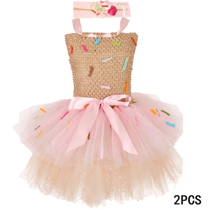 Sweet Ice Cream Candy-Themed Girls Dress for Kids Birthday Carnival Party Rainbow Tutu Children's Costume Wedding Outfits