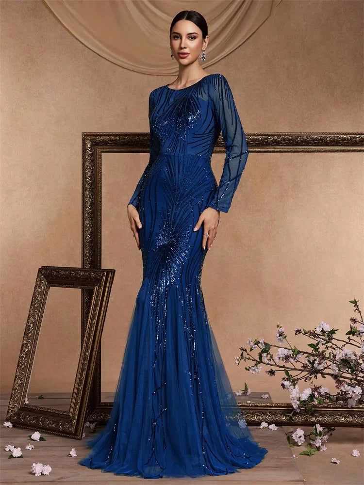 Elegant Long Sleeves Blue Sequins Evening Dresses 2025 Women Mermaid Formal Party Maxi Prom Dress Cocktail Graduation Gowns
