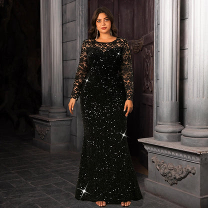 Elegant Curve Evening Dress for Women Lace Full Sleeved Sequined Velvet Hollow Out Modest Maxi Gown