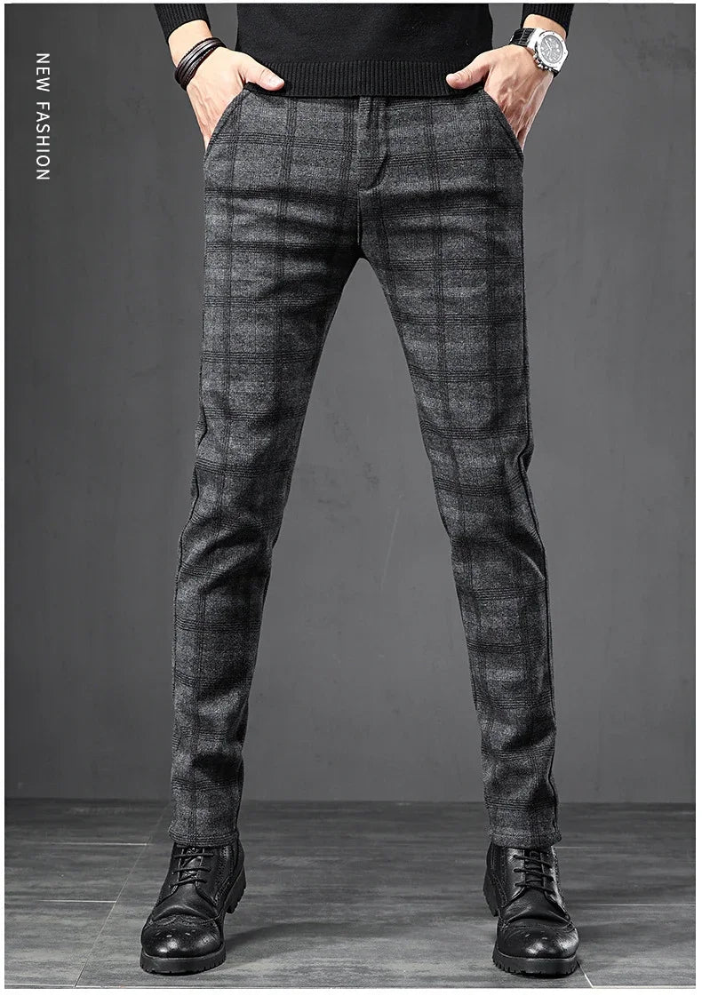 Autumn Men's Brushed Plaid Casual Pants Korean Style Gray Elastic Straight Slim Fit Fashionable Work Pants Blue and Black Male