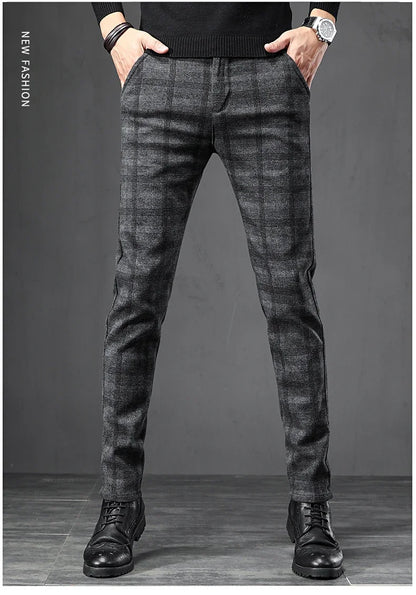 Autumn Men's Brushed Plaid Casual Pants Korean Style Gray Elastic Straight Slim Fit Fashionable Work Pants Blue and Black Male