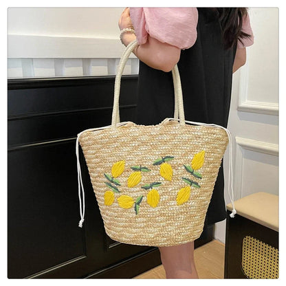 Embroidery Fruit Solid Color Shoulder Bag Straw Woven Hollow Versatile 2025 High Quality Bags for Women New Beach Handbags