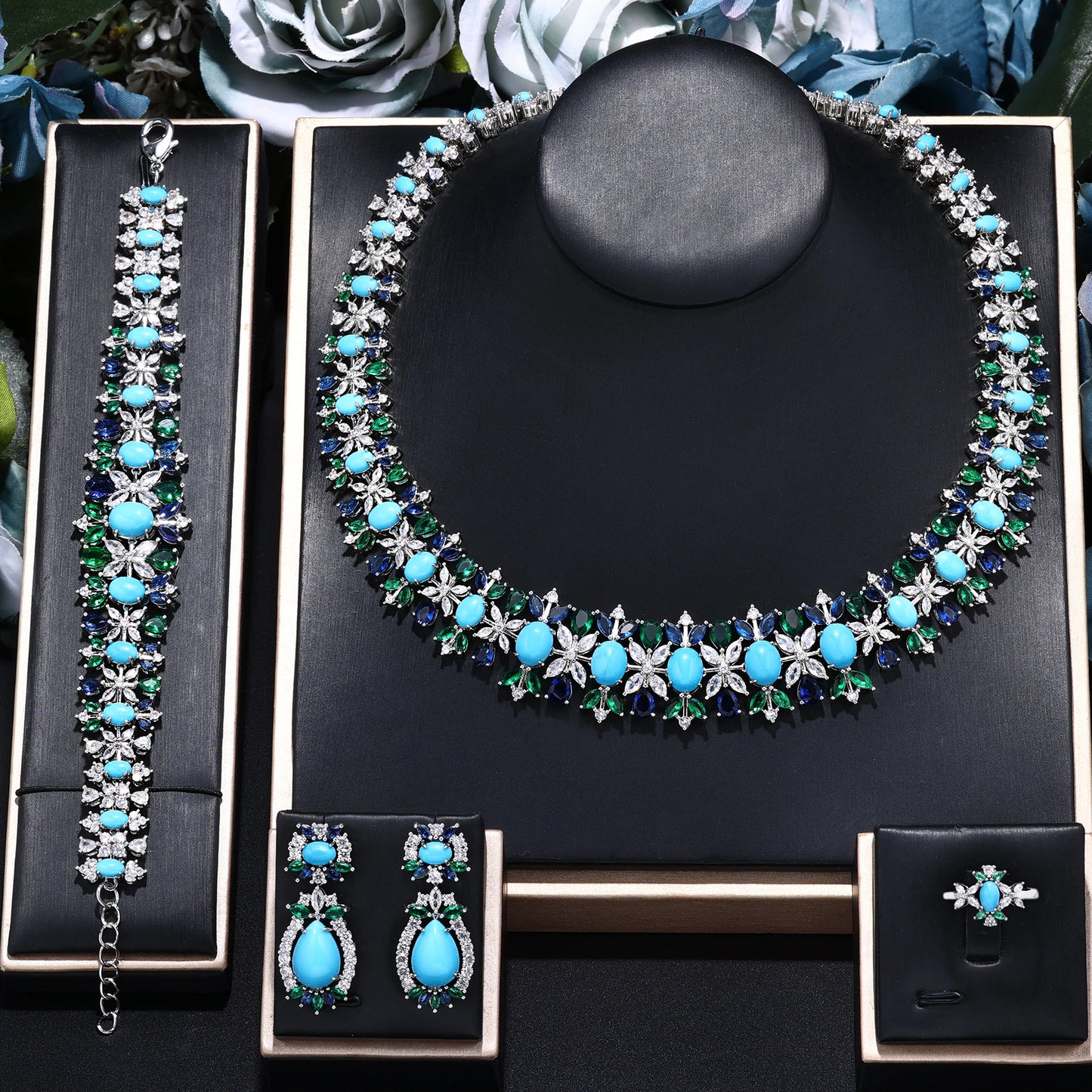 New Luxury Green Blue CZ Crystal Turquoise Earrings Necklace 4PCS Wedding Bridal Jewelry Set for Party