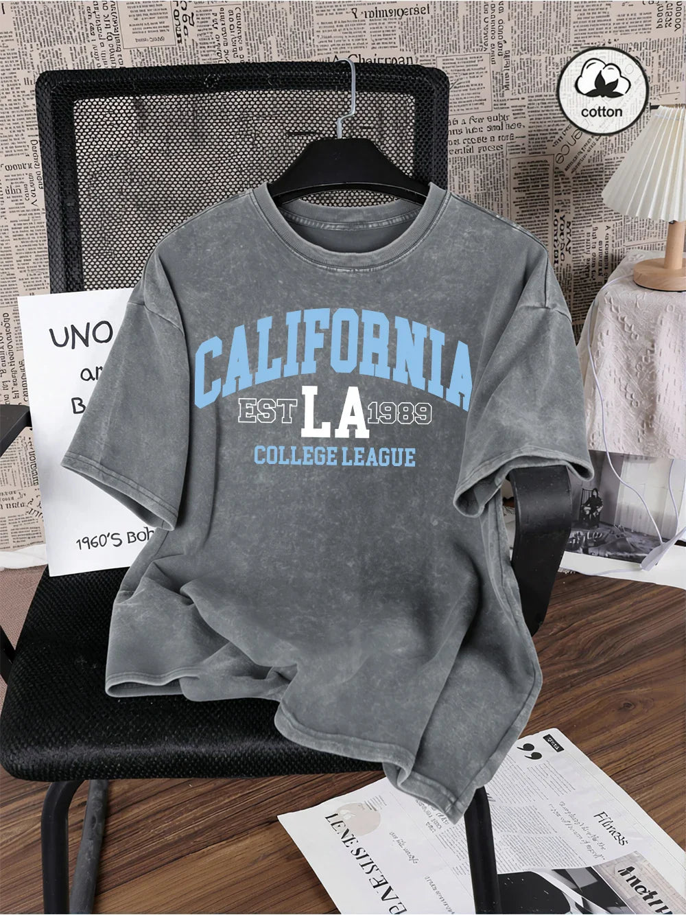 California College 1989 Printing Washed T-Shirts Mens Oversized Cotton T Shirts Summer O-Neck Short Sleeve Tops Casual Male Tees