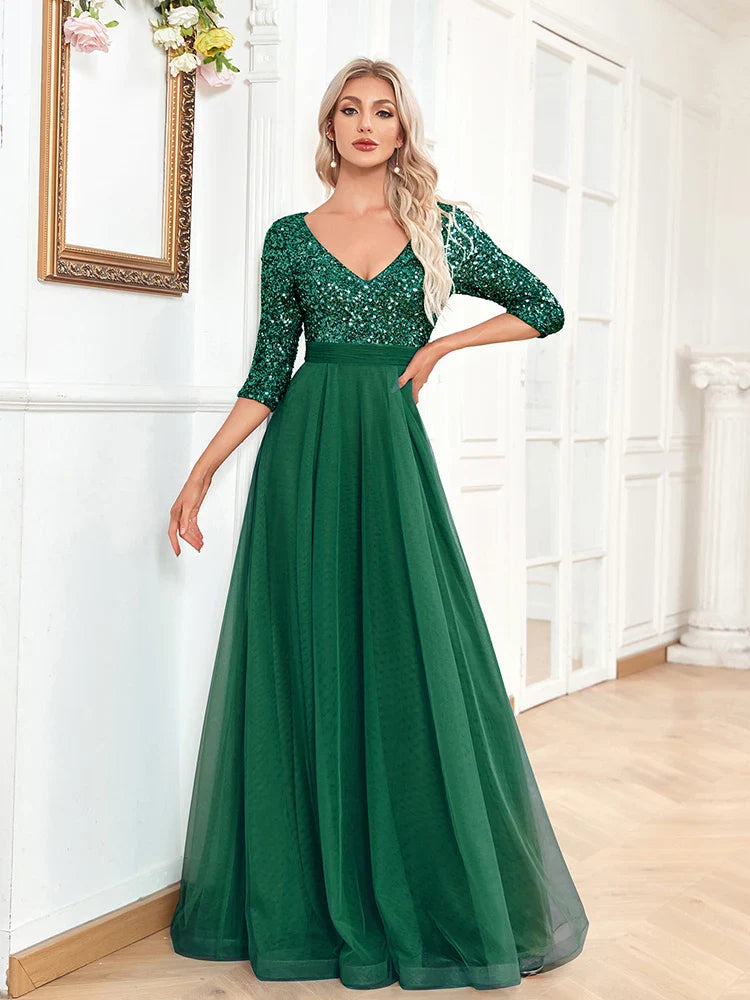 Luxury Floor Length V-Neck Evening Dress 2025 Women Elegant Party Maxi Dress Sequin Short Sleeves Prom Cocktail Gown
