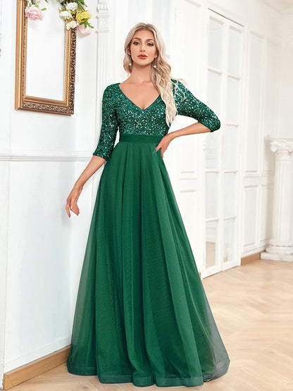 Luxury Floor Length V-Neck Evening Dress 2025 Women Elegant Party Maxi Dress Sequin Short Sleeves Prom Cocktail Gown