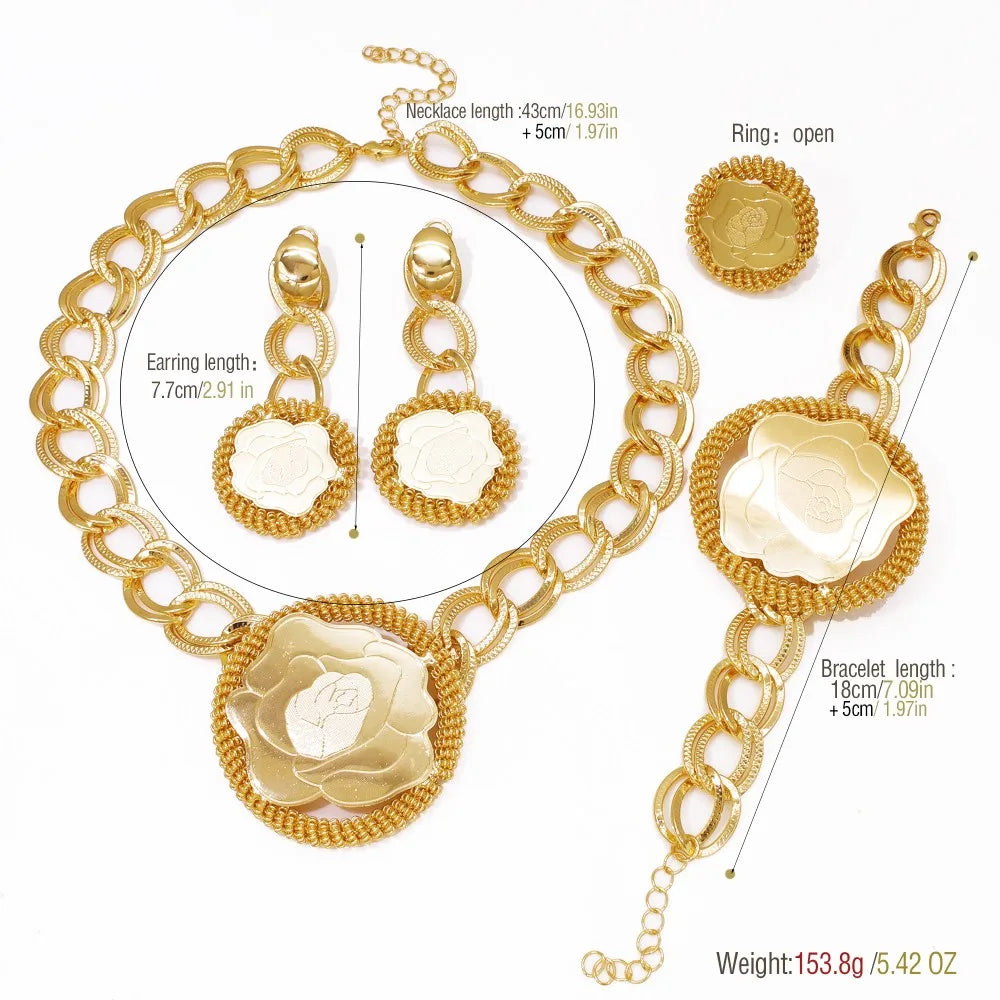 4Pcs Gold Color Rose Jewelry Set Exaggeration Big Drop Necklace Super Large Bracelet Long Earring Ring For Women Gift