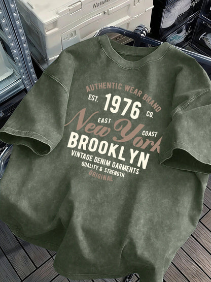 New York Brooklyn Est 1976 Washed Mens T-Shirt Cotton All-Match O-Neck T Shirts Retro Unisex Fashion Tee Loose Soft Short Sleeve