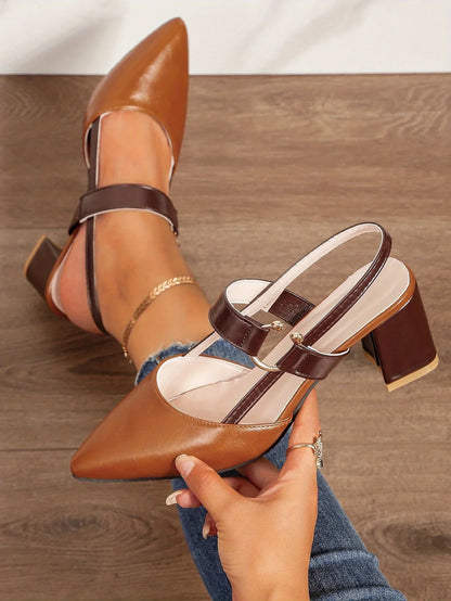 Women's Pointed Toe Block High Heel Sandals, Fashion Solid Color Slingback Shoes, Versatile Mid Heels