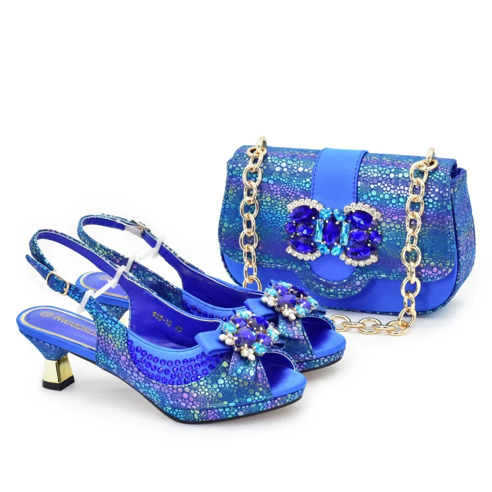 New Fashion Nigerian Banquet Shoes and Bag Set Rhinestone Ladies Matching Shoes and Bag High Heel for Weddings and Parties