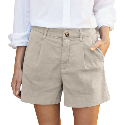 Cotton Linen Solid Shorts For Women Button High Waist Summer Loose Casual Pockets Shorts Female Pants Women Clothing