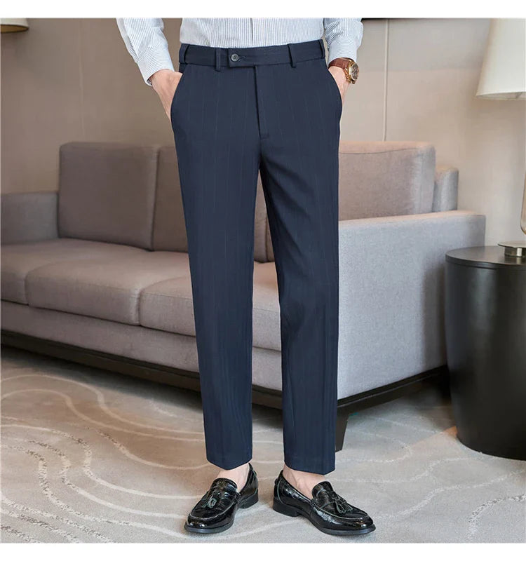 Men's Wool Blend Dress Pants, Elastic Waist Business Trousers, Tapered Slim Fit, Charcoal Gray Black Navy