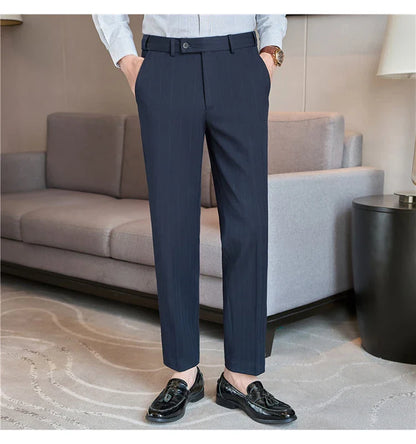 Men's Wool Blend Dress Pants, Elastic Waist Business Trousers, Tapered Slim Fit, Charcoal Gray Black Navy