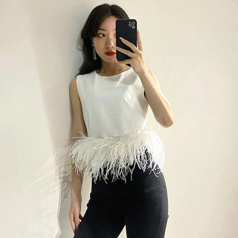 Black Patchwork Feathers Korean Fashion Shirt Top Women Round Neck Sleeveless Slim Tops Female 2021 Summer Clothing