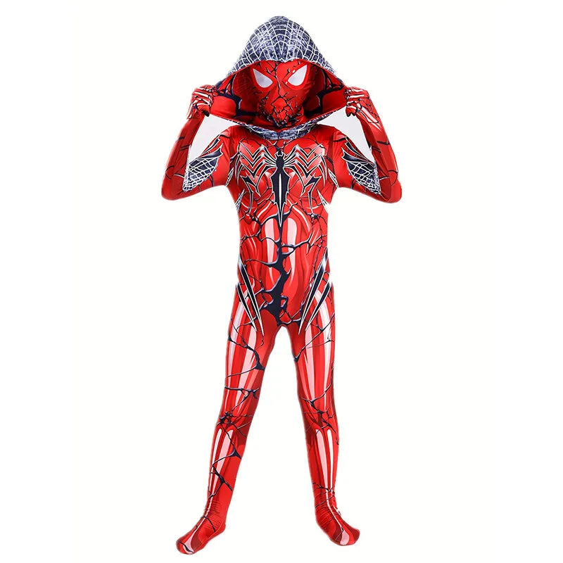 Kids Red Venom Spider Costume with Mesh Mask Zipper Hooded Jumpsuit for Halloween Party Cosplay Mardi Gras Performance Costume