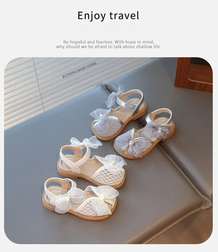 2025 Mesh Peep-toe Princess Shoes Girls Sandals with Tulle Butterfly-knot Summer Evening Wedding Party Bridesmaid Sandals I05292