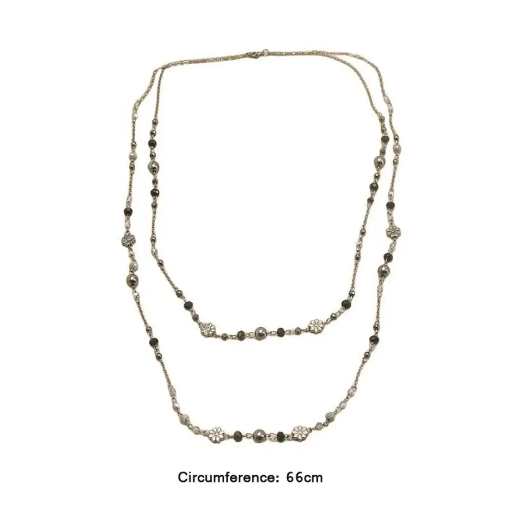 Bohemian Double-layer Flower Necklace Long Beaded Sweater Chain Y2K Style Stackable Geometric Necklace