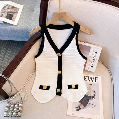 Metal Buttons Patchwork Tank Tops White Crop Top Chic Y2k Sleeveless Summer Knit Tops T-shirt Korean Women's Clothing New