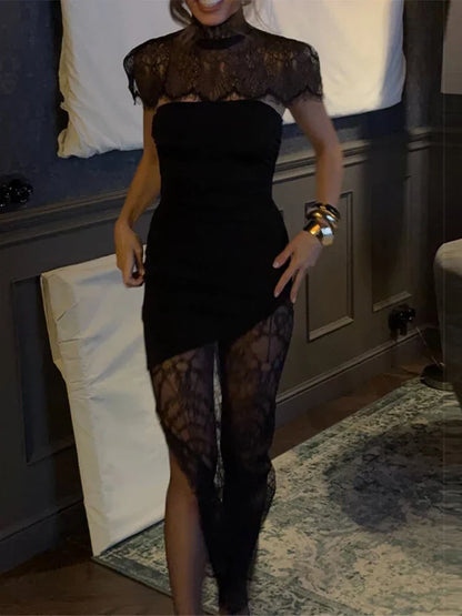 Black Lace Patchwork Strapless Dress Women Sexy Cape Shawl Waist Cinching Slim Mini Dresses Lady 2026 Evening Club Party Gowns