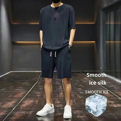 High-End Ice Silk Men's Sports Suit Casual Home Use Long Pants Short Sleeves Quick Drying Top Set Summer Collection