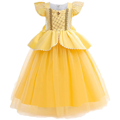 Fancy Girls Belle Halloween Costumes Carnival Cosplay Cartoon Christmas Beauty Party Princess Dress Tulle Birthday Kids Clothing