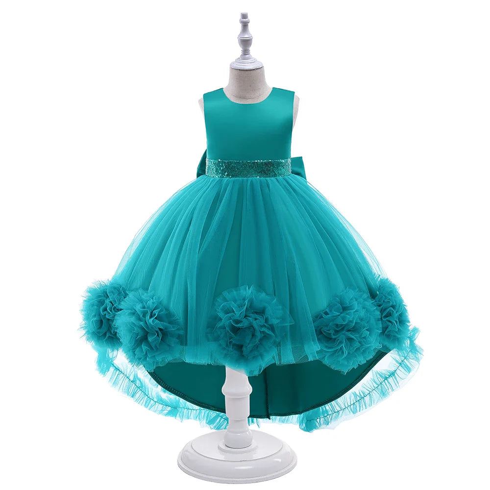 Elegant Trailing Flower Party Girls Dress Summer Wedding Bridesmaid Princess Prom Dress Girl Tull Bow Birthday Evening Ball Gown
