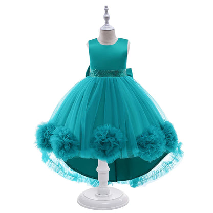 Elegant Trailing Flower Party Girls Dress Summer Wedding Bridesmaid Princess Prom Dress Girl Tull Bow Birthday Evening Ball Gown