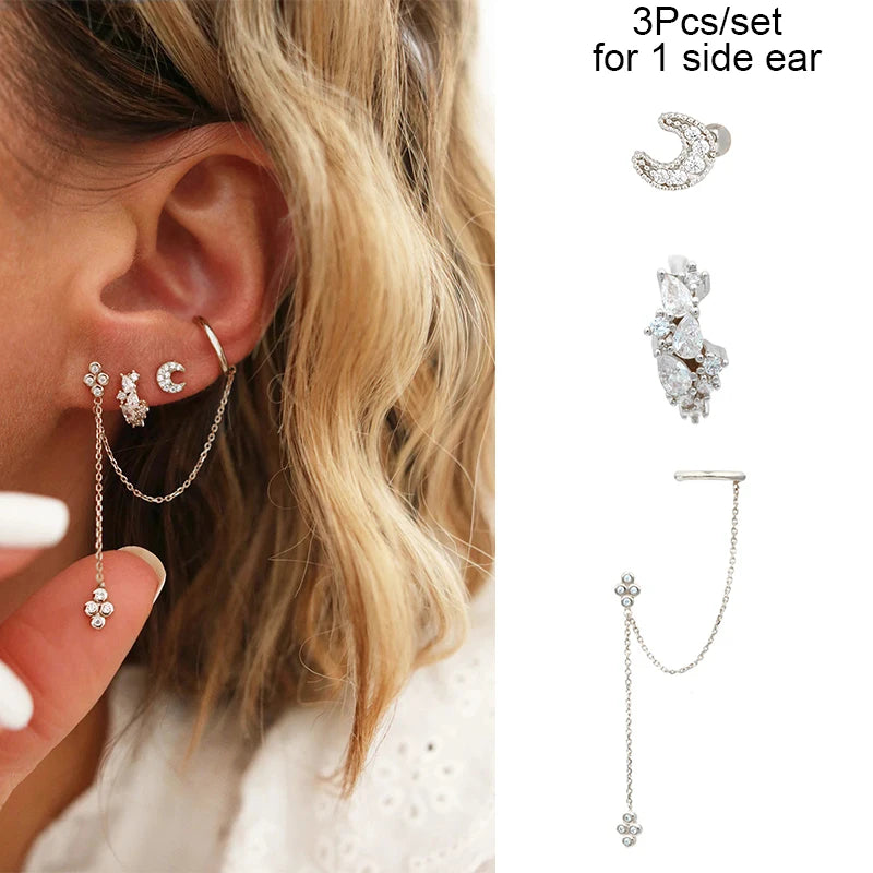 3PCs/set Earrings for 1 Ear Women gold color zirconia Classic Piercing Designer Earring set 2024 Women Jewelry Wholesale