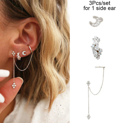3PCs/set Earrings for 1 Ear Women gold color zirconia Classic Piercing Designer Earring set 2024 Women Jewelry Wholesale