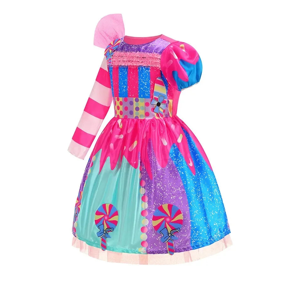 Presente Clássico para Festa de Carnaval de Purim para Meninas Vestido Arco-Íris Assimétrico Longo e Curto com Manga Doce Conjunto de Vestidos Fofos para Férias de Natal