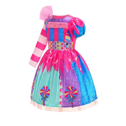 Presente Clássico para Festa de Carnaval de Purim para Meninas Vestido Arco-Íris Assimétrico Longo e Curto com Manga Doce Conjunto de Vestidos Fofos para Férias de Natal