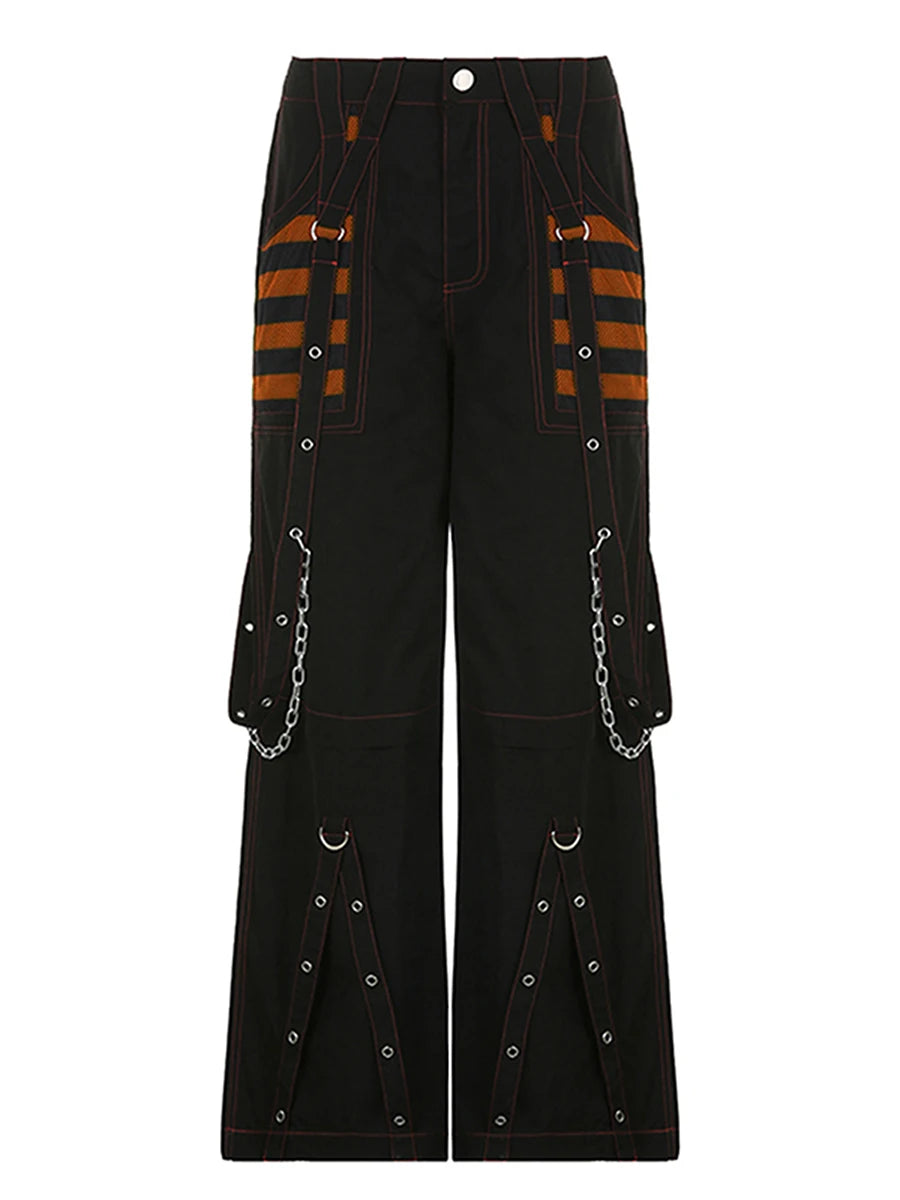 Women Fall Winter Cargo Jeans Striped Zipper Button Closure Loose Casual Trousers Streetwear with Pockets