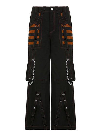 Women Fall Winter Cargo Jeans Striped Zipper Button Closure Loose Casual Trousers Streetwear with Pockets