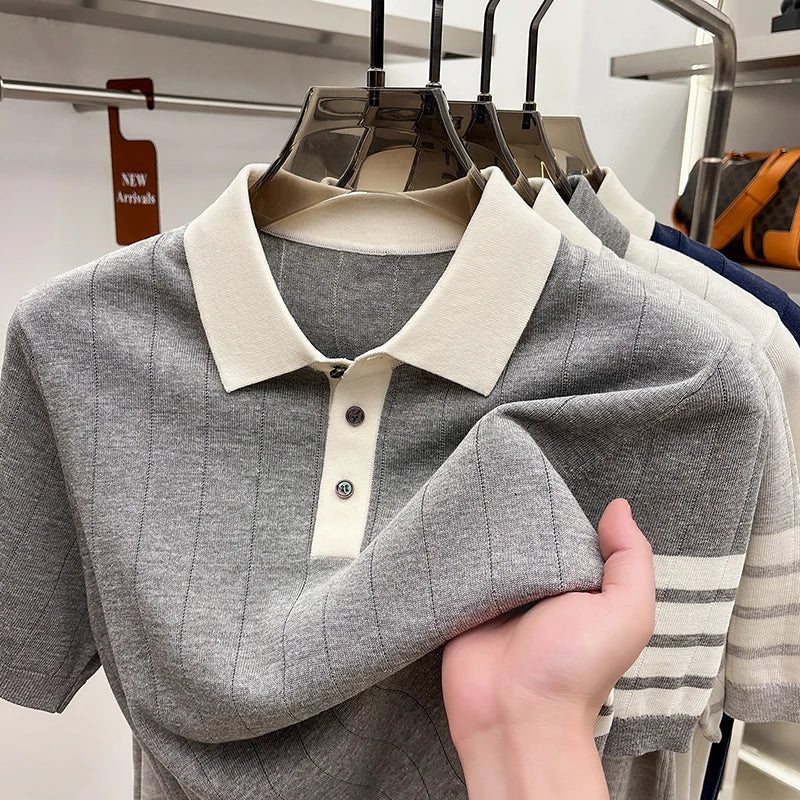 2026 Men's Short Sleeved Polo Shirt with High-end Feel, Summer Thin Design, Knitted Collar, Linen T-shirt As Base